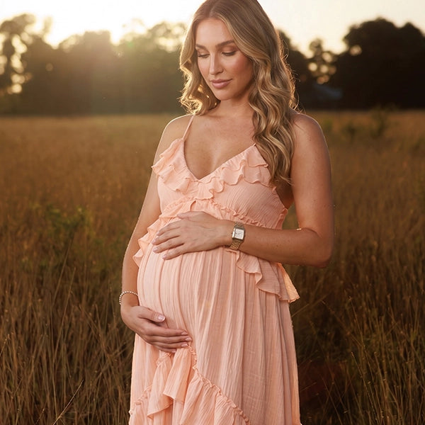 Peach Maternity Maxi Dress for Spring Pregnancy Photoshoot | Bumplook