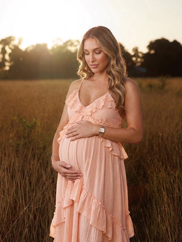 Peach Maternity Maxi Dress for Spring Pregnancy Photoshoot | Bumplook