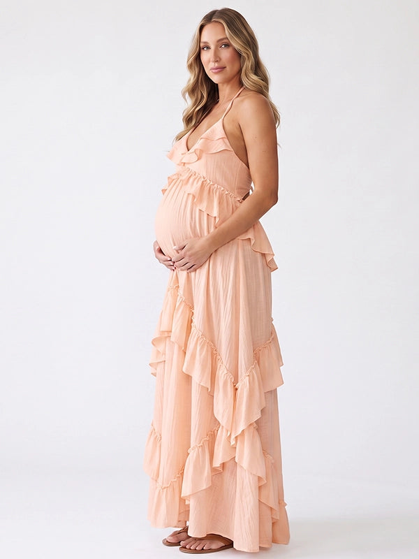 Peach Ruffle Maternity Dress with Flowing Maxi Skirt | Bumplook