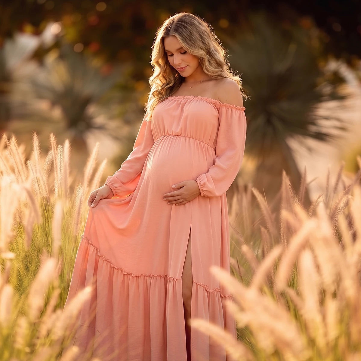 Peach Pink Maternity Dress, Baby Shower Dress for Maternity Photoshoot, Gender Reveal, Pregnancy Announcement, Wedding Guest, Bridal Shower, Formal Events | Bumplook