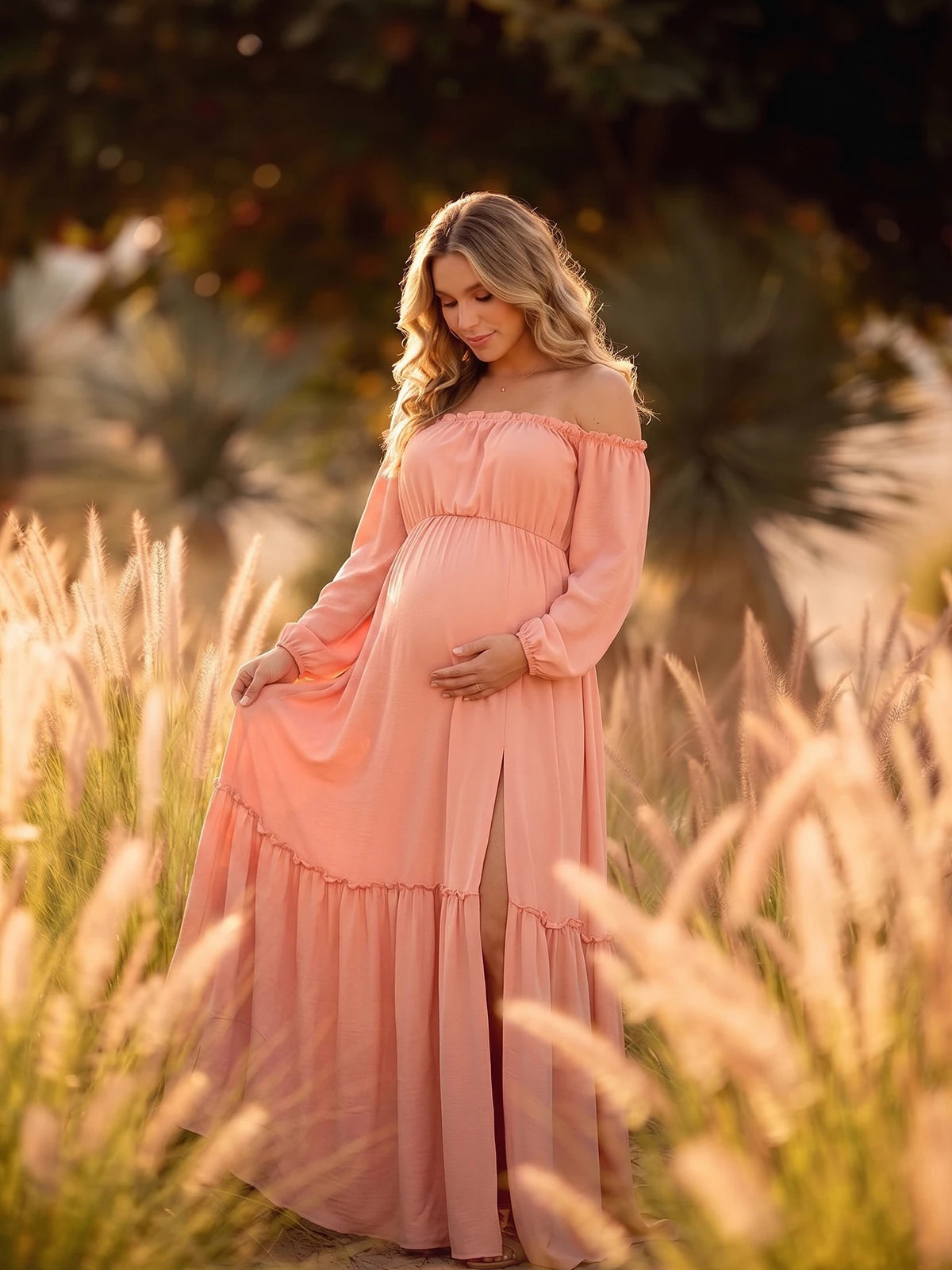 Peach Pink Maternity Dress, Baby Shower Dress for Maternity Photoshoot, Gender Reveal, Pregnancy Announcement, Wedding Guest, Bridal Shower, Formal Events | Bumplook