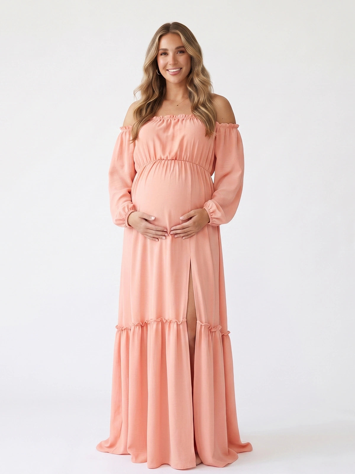 Pink Maternity Photoshoot Dress, Off Shoulder Maxi Dress for Baby Shower, Gender Reveal, Pregnancy Announcement, Bridal Shower, Family Photos | Bumplook