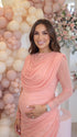 Coral Draped Maternity Dress, Mesh Maternity Dress for Baby Shower, Maternity Photoshoot, Gender Reveal, Pregnancy Announcement, Wedding Guest, Bridal Shower, Formal Events | Bumplook