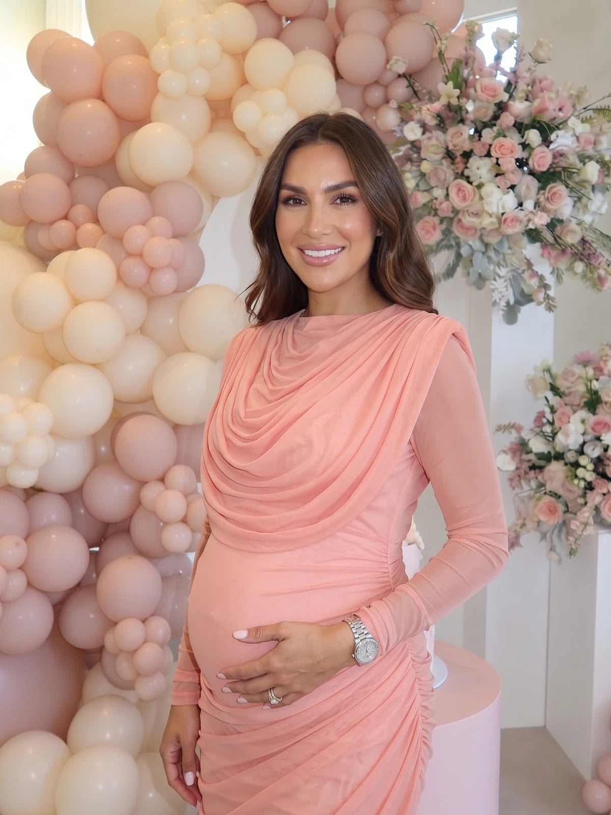 Coral Draped Maternity Dress, Mesh Maternity Dress for Baby Shower, Maternity Photoshoot, Gender Reveal, Pregnancy Announcement, Wedding Guest, Bridal Shower, Formal Events | Bumplook