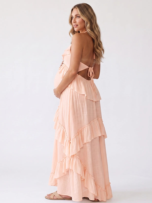 Peach Maternity Maxi Dress with Cascading Ruffles | Bumplook