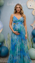 peacock green floral mesh maternity maxi dress with flowy skirt