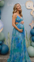 peacock green floral mesh maternity maxi dress with flowy skirt