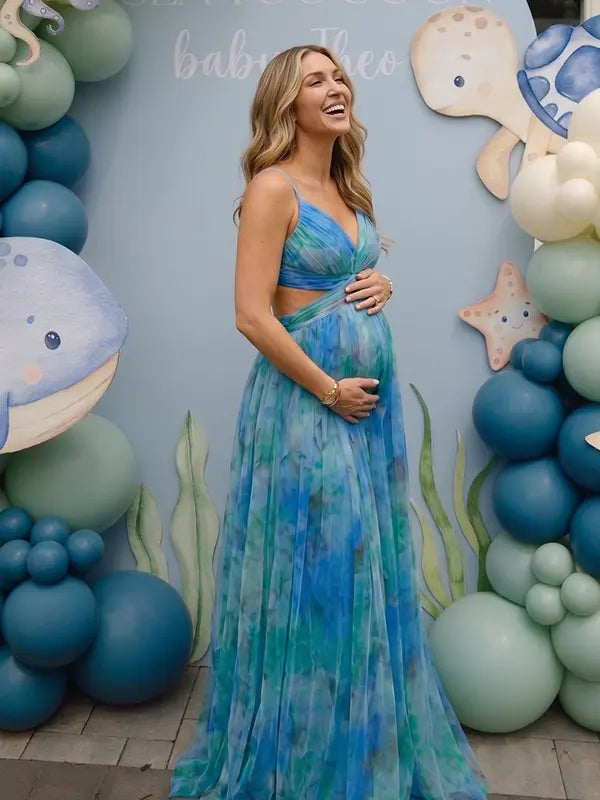 peacock green floral mesh maternity maxi dress with flowy skirt