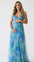 peacock green floral mesh maternity maxi dress with flowy skirt