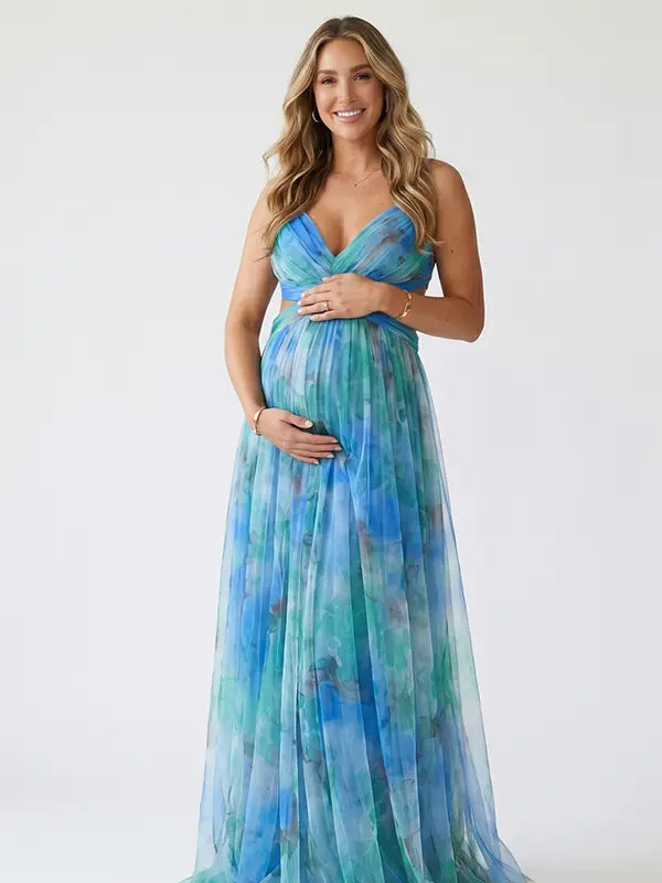 peacock green floral mesh maternity maxi dress with flowy skirt