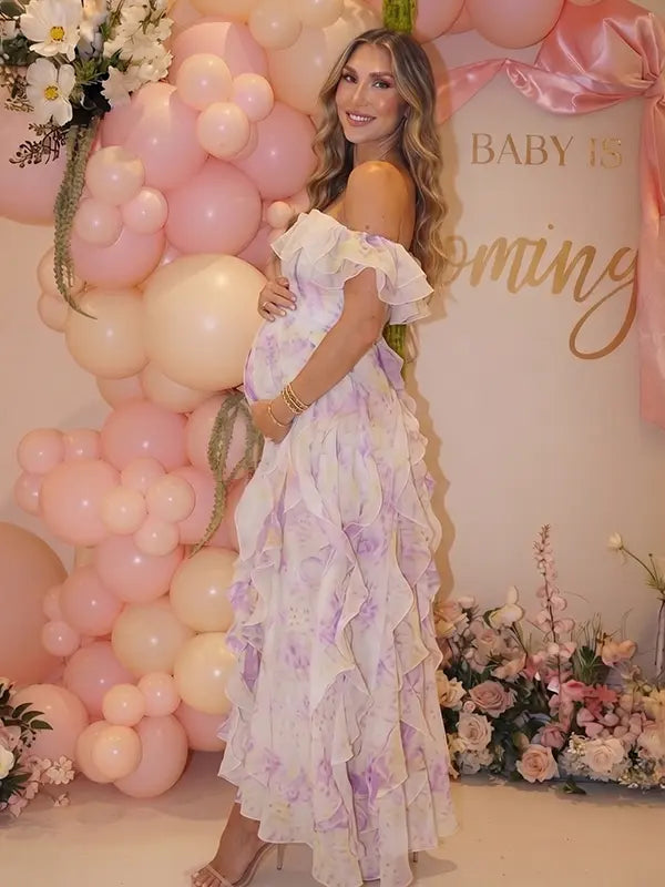Pink Blossom Off Shoulder Ruffle Maternity Maxi Dress for Baby Shower, Garden Wedding, Maternity Photoshoot, Pregnancy Announcement and Gender Reveal | Bumplook