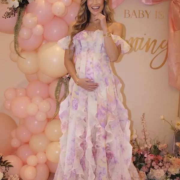 Pink Blossom Off Shoulder Ruffle Maternity Maxi Dress for Baby Shower, Garden Wedding, Maternity Photoshoot, Pregnancy Announcement and Gender Reveal | Bumplook
