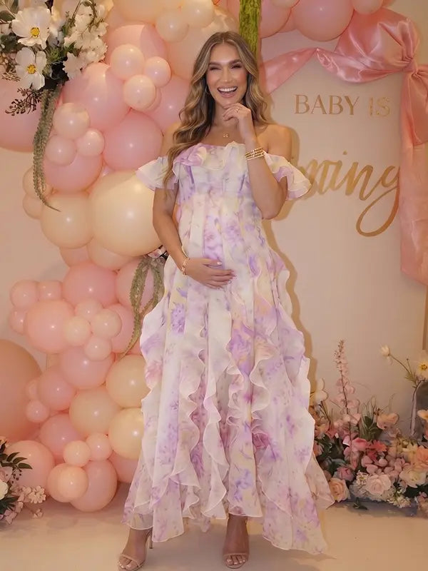 Pink Blossom Off Shoulder Ruffle Maternity Maxi Dress for Baby Shower, Garden Wedding, Maternity Photoshoot, Pregnancy Announcement and Gender Reveal | Bumplook
