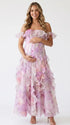 Pink Blossom Off Shoulder Ruffle Maternity Maxi Dress for Baby Shower, Garden Wedding, Maternity Photoshoot, Pregnancy Announcement and Gender Reveal | Bumplook