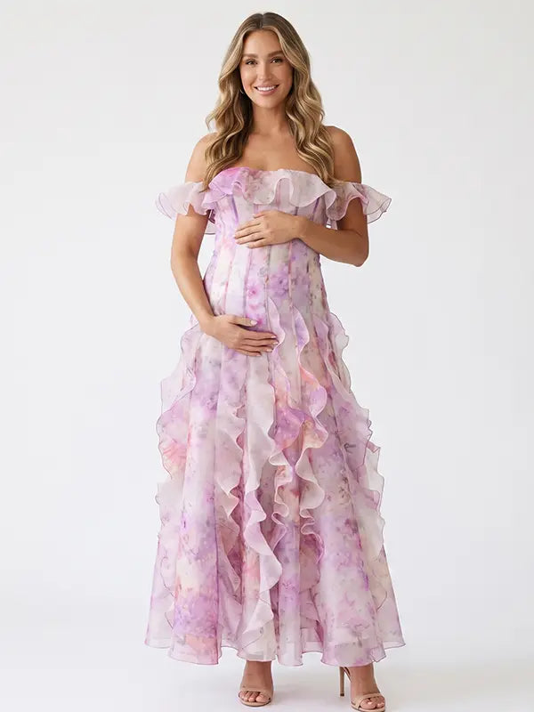 Pink Blossom Off Shoulder Ruffle Maternity Maxi Dress for Baby Shower, Garden Wedding, Maternity Photoshoot, Pregnancy Announcement and Gender Reveal | Bumplook