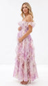 Pink Blossom Off Shoulder Ruffle Maternity Maxi Dress for Baby Shower, Garden Wedding, Maternity Photoshoot, Pregnancy Announcement and Gender Reveal | Bumplook
