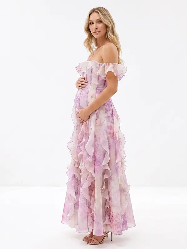 Pink Blossom Off Shoulder Ruffle Maternity Maxi Dress for Baby Shower, Garden Wedding, Maternity Photoshoot, Pregnancy Announcement and Gender Reveal | Bumplook
