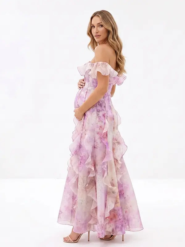 Pink Blossom Off Shoulder Ruffle Maternity Maxi Dress for Baby Shower, Garden Wedding, Maternity Photoshoot, Pregnancy Announcement and Gender Reveal | Bumplook