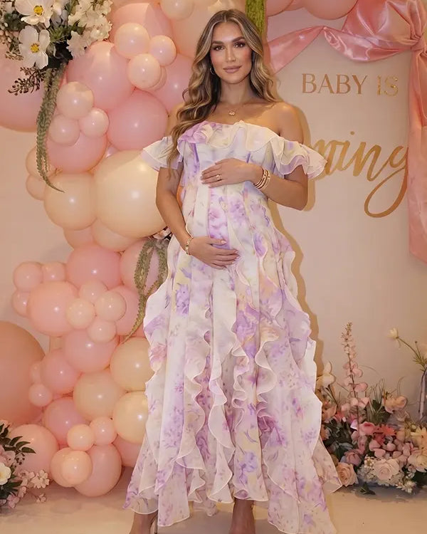 Pink Blossom Off Shoulder Ruffle Maternity Maxi Dress for Baby Shower, Garden Wedding, Maternity Photoshoot, Pregnancy Announcement and Gender Reveal | Bumplook