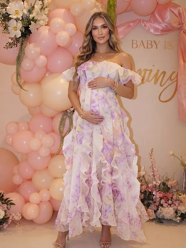 Pink Blossom Off Shoulder Ruffle Maternity Maxi Dress for Baby Shower, Garden Wedding, Maternity Photoshoot, Pregnancy Announcement and Gender Reveal | Bumplook