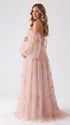 Pink Off Shoulder Maternity Maxi Dress with Floral Embroidered Tulle and Flowing Floor Length Skirt for Baby Shower and Maternity Photoshoot | Bumplook