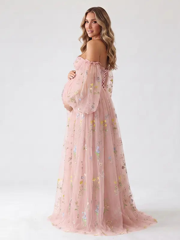 Pink Off Shoulder Maternity Maxi Dress with Floral Embroidered Tulle and Flowing Floor Length Skirt for Baby Shower and Maternity Photoshoot | Bumplook
