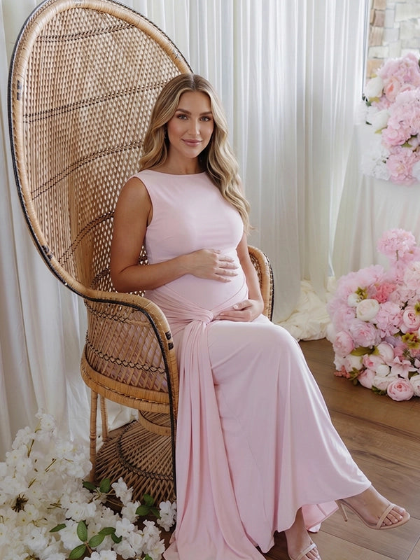 Pink Fitted Maternity Dress for Formal Pregnancy Celebration | Bumplook