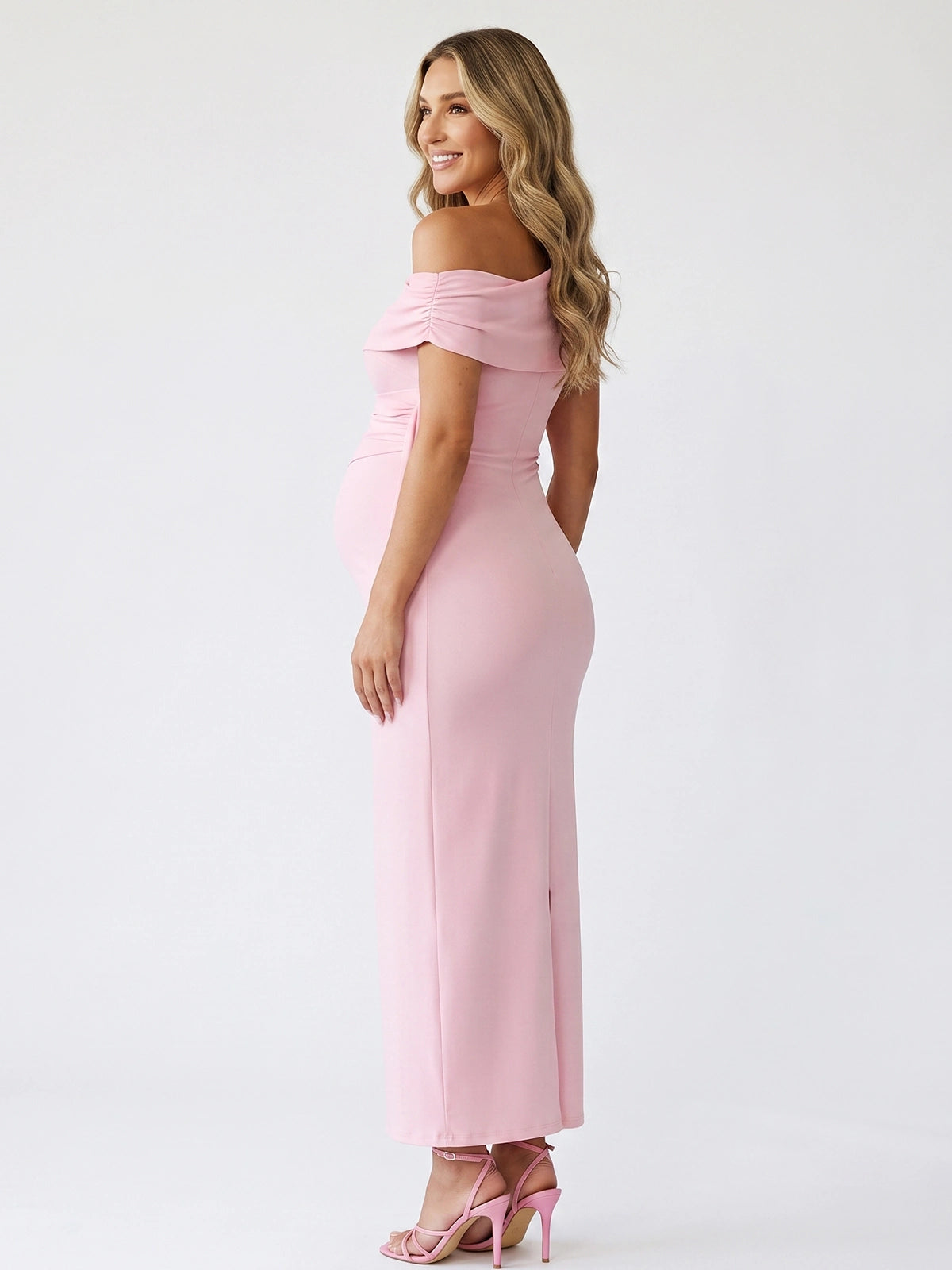 Soft Pink Maternity Celebration Dress with Draped Detail | Bumplook