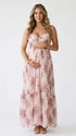 pink floral corset maternity maxi dress with full skirt and structured bodice