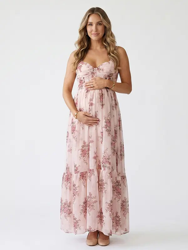 pink floral corset maternity maxi dress with full skirt and structured bodice