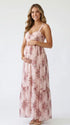 pink floral corset maternity maxi dress with full skirt and structured bodice