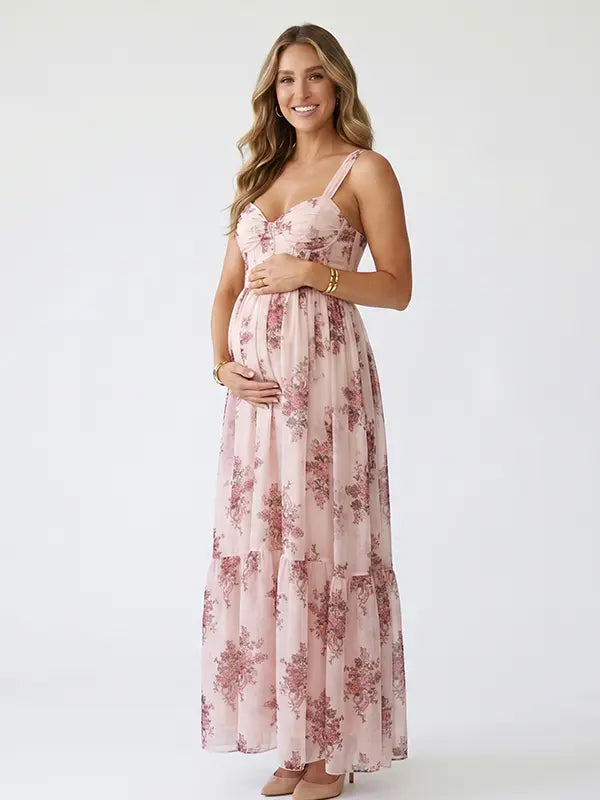 pink floral corset maternity maxi dress with full skirt and structured bodice