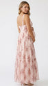 pink floral corset maternity maxi dress with full skirt and structured bodice