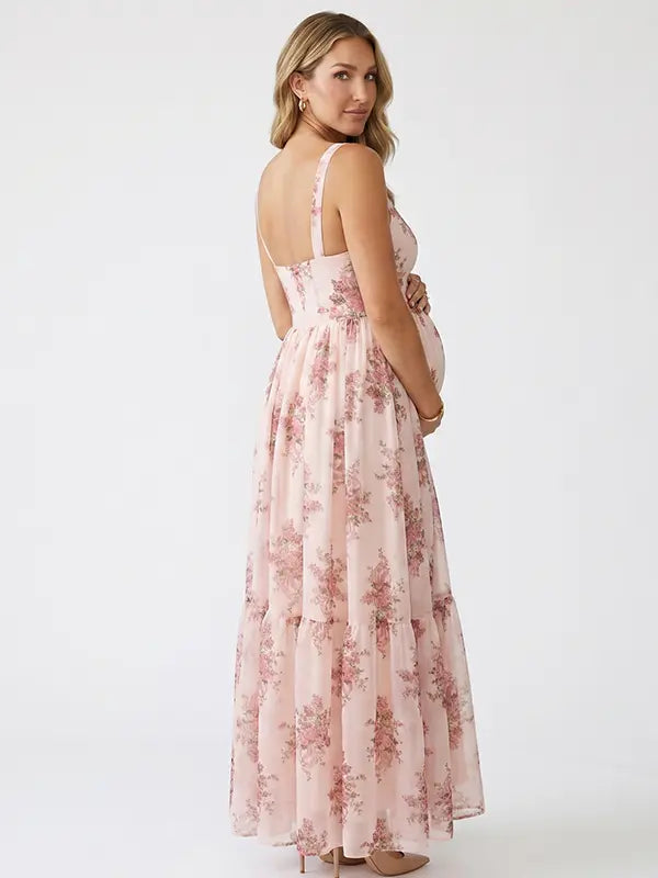 pink floral corset maternity maxi dress with full skirt and structured bodice