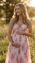 pink floral corset maternity maxi dress with full skirt and structured bodice