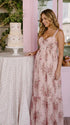 pink floral corset maternity maxi dress with full skirt and structured bodice