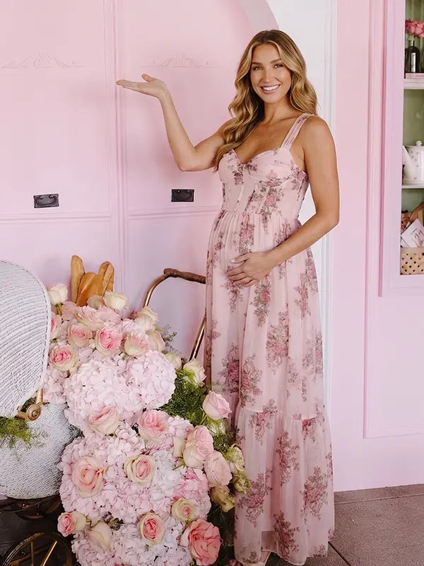 Pink Floral Corset Maternity Maxi Dress with Full Skirt