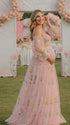 Pink Floral Maternity Dress, Embroidered Tulle Baby Shower Dress for Maternity Photoshoot, Gender Reveal, Pregnancy Announcement and Bridal Shower | Bumplook