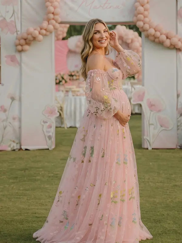 Pink Floral Maternity Dress, Embroidered Tulle Baby Shower Dress for Maternity Photoshoot, Gender Reveal, Pregnancy Announcement and Bridal Shower | Bumplook