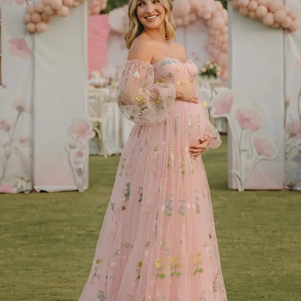 Pink Floral Maternity Dress, Embroidered Tulle Baby Shower Dress for Maternity Photoshoot, Gender Reveal, Pregnancy Announcement and Bridal Shower | Bumplook