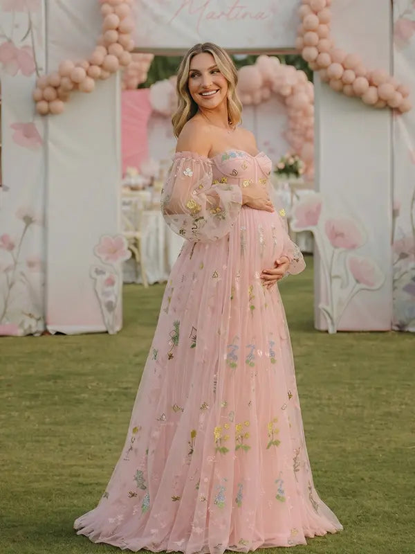 Pink Floral Maternity Dress, Embroidered Tulle Baby Shower Dress for Maternity Photoshoot, Gender Reveal, Pregnancy Announcement and Bridal Shower | Bumplook