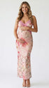 pink floral lace trim maternity maxi dress with romantic watercolor flower print