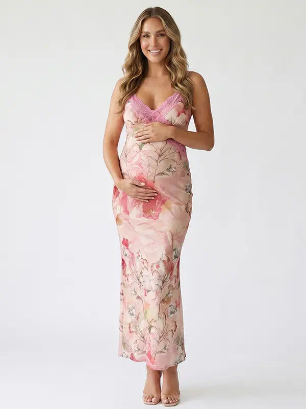 pink floral lace trim maternity maxi dress with romantic watercolor flower print