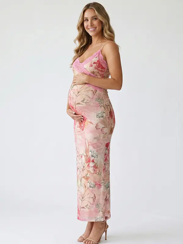 pink floral lace trim maternity maxi dress with romantic watercolor flower print