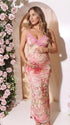 pink floral lace trim maternity maxi dress with romantic watercolor flower print