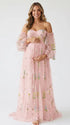 Pink Floral Maternity Dress, Embroidered Tulle Baby Shower Dress for Maternity Photoshoot, Gender Reveal, Pregnancy Announcement and Bridal Shower | Bumplook