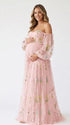 Pink Embroidered Maternity Photoshoot Dress with Sweetheart Neckline and Sheer Off Shoulder Puff Sleeves for Pregnancy Portraits and Baby Shower | Bumplook