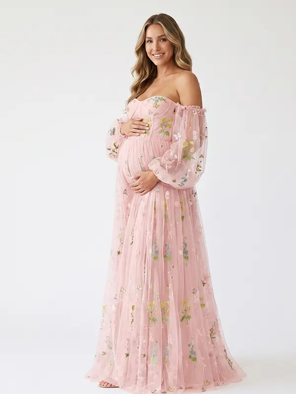 Pink Embroidered Maternity Photoshoot Dress with Sweetheart Neckline and Sheer Off Shoulder Puff Sleeves for Pregnancy Portraits and Baby Shower | Bumplook