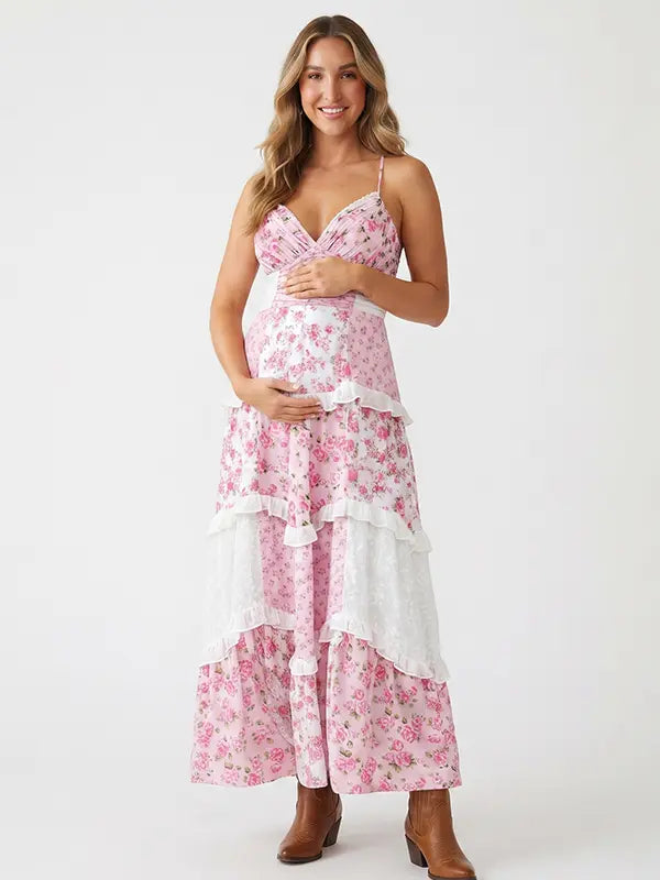 Pink Floral Maternity Dress, Boho Patchwork Pregnancy Maxi Dress for Pink Baby Shower, Garden Baby Shower, Spring Maternity Photoshoot | Bumplook