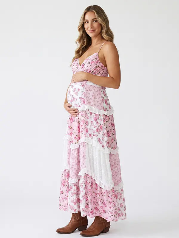 Pink Floral Maternity Dress, Boho Patchwork Pregnancy Maxi Dress for Pink Baby Shower, Garden Baby Shower, Spring Maternity Photoshoot | Bumplook
